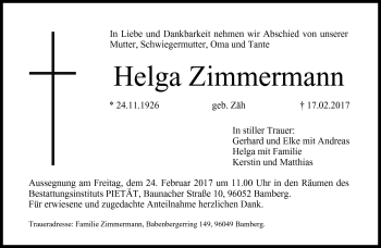 Traueranzeige von Helga Zimmermann von Neue Presse Coburg