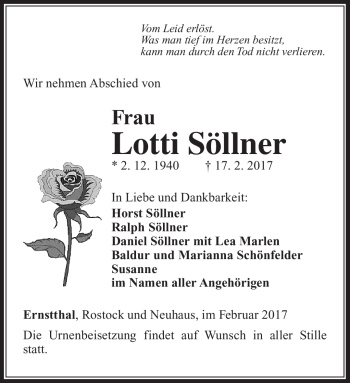 Traueranzeige von Lotti Söllner von Südthüringer Presse