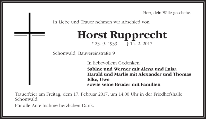  Traueranzeige für Horst Rupprecht vom 16.02.2017 aus Frankenpost