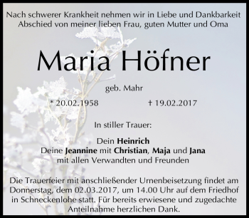 Traueranzeige von Maria Höfner von Neue Presse Coburg