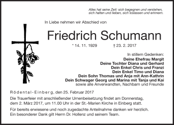 Traueranzeige von Friedrich Schumann von Neue Presse Coburg