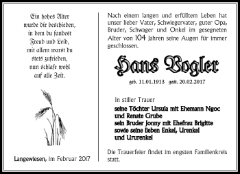 Traueranzeige von Hans Vogler von Südthüringer Presse