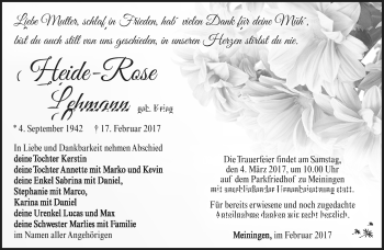 Traueranzeige von Heide-Rose Lehmann von Südthüringer Presse