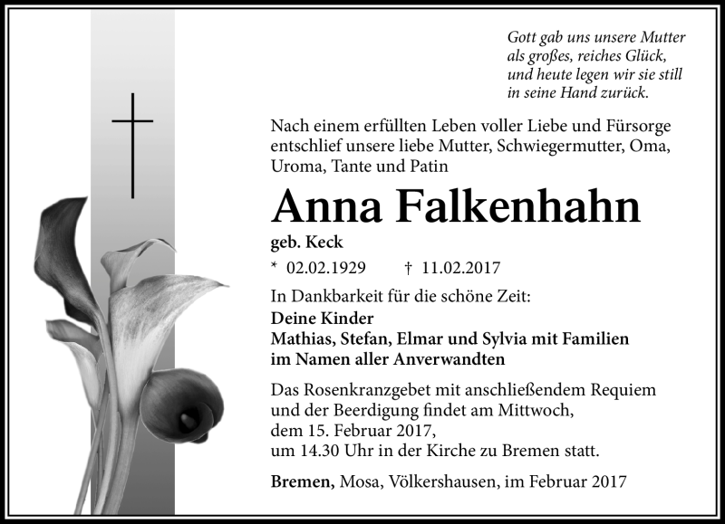  Traueranzeige für Anna Falkenhahn vom 13.02.2017 aus Südthüringer Presse