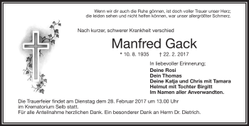 Traueranzeige von Manfred Gack von Frankenpost