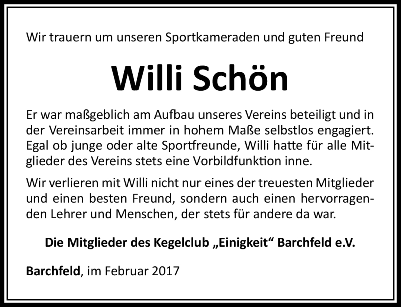  Traueranzeige für Willi Schön vom 23.02.2017 aus Südthüringer Presse