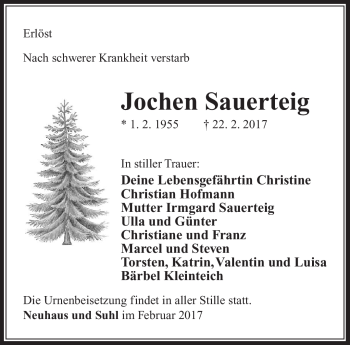 Traueranzeige von Jochen Sauerteig von Südthüringer Presse