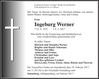 Traueranzeige von Ingeburg Werner von Südthüringer Presse