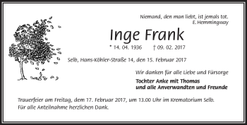 Traueranzeige von Inge Frank von Frankenpost