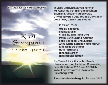 Traueranzeige von Kurt Szegunis von Südthüringer Presse