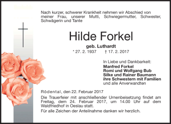 Traueranzeige von Hilde Forkel von Neue Presse Coburg