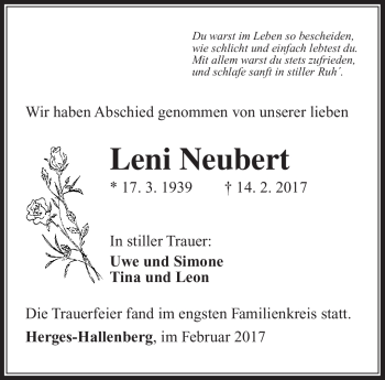 Traueranzeige von Leni Neubert von Südthüringer Presse
