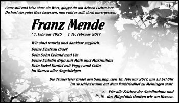 Traueranzeige von Franz Mende von Südthüringer Presse