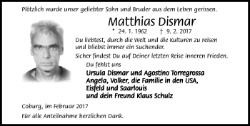 Traueranzeige von Matthias Dismar von Neue Presse Coburg