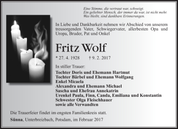 Traueranzeige von Fritz Wolf von Südthüringer Presse