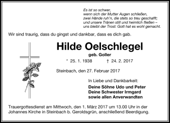 Traueranzeige von Hilde Oelschlegel von Frankenpost