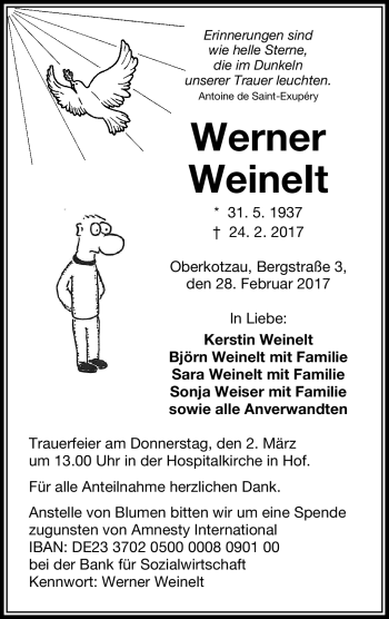 Traueranzeige von Werner Weinelt von Frankenpost