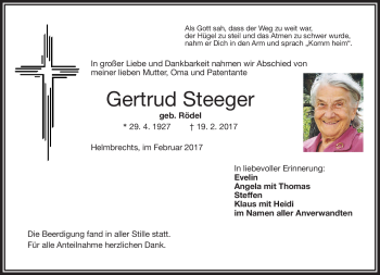 Traueranzeige von Gertrud Steeger von Frankenpost