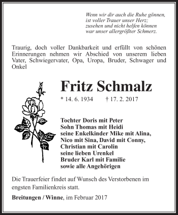Traueranzeige von Fritz Schmalz von Südthüringer Presse