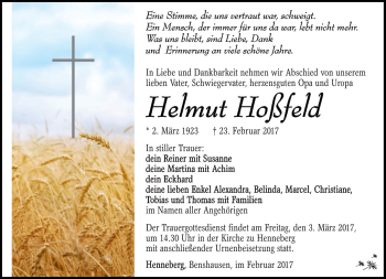 Traueranzeige von Helmut Hoßfeld von Südthüringer Presse