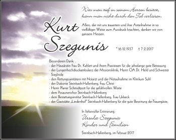 Traueranzeige von Kurt Szegunis von Südthüringer Presse