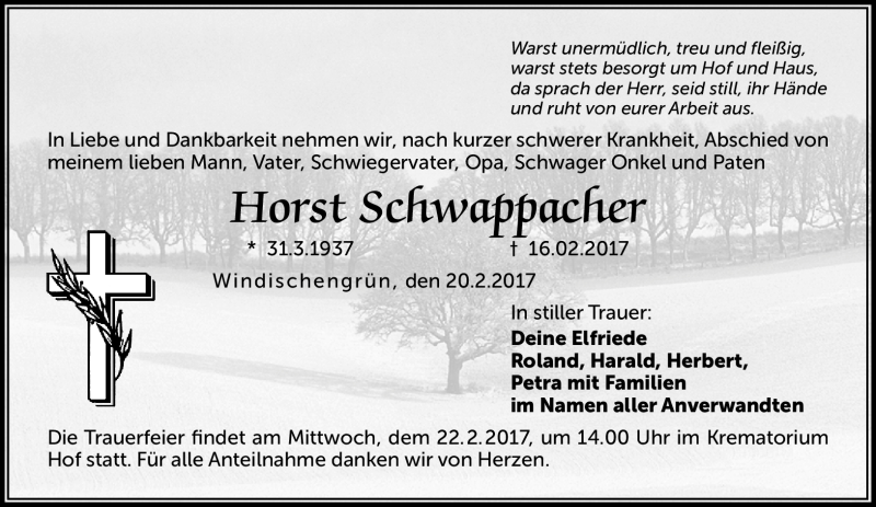  Traueranzeige für Horst Schwappacher vom 20.02.2017 aus Frankenpost