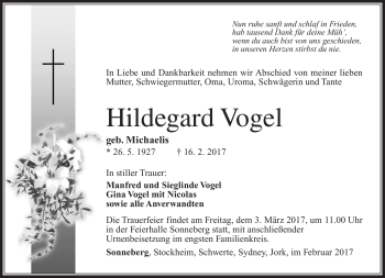 Traueranzeige von Hildegard Vogel von Südthüringer Presse