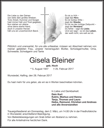 Traueranzeige von Gisela Bleiner von Frankenpost