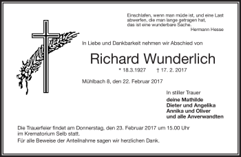 Traueranzeige von Richard Wunderlich von Frankenpost