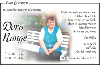 Traueranzeige von Dora Range von Südthüringer Presse