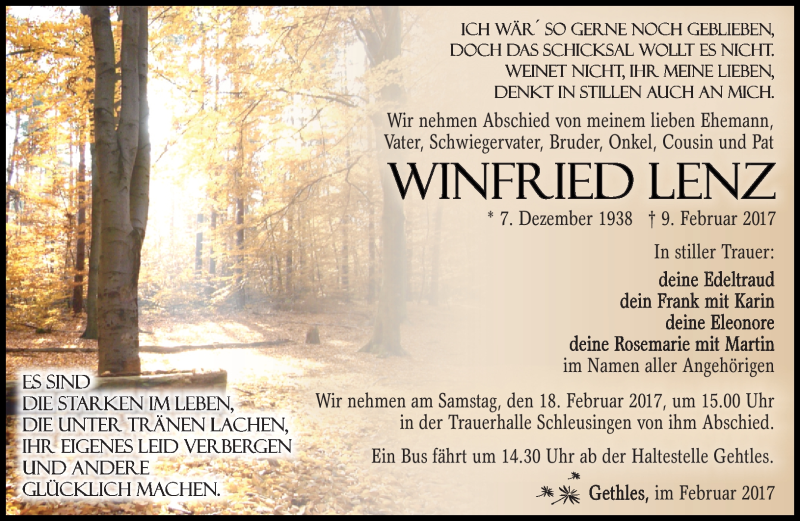  Traueranzeige für Winfried Lenz vom 15.02.2017 aus Südthüringer Presse
