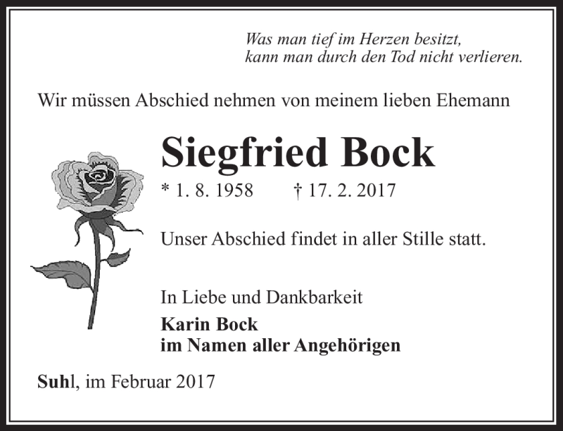  Traueranzeige für Siegfried Bock vom 25.02.2017 aus Südthüringer Presse