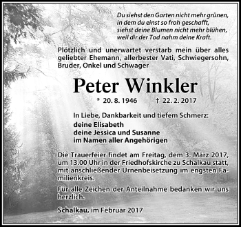 Traueranzeige von Peter Winkler von Südthüringer Presse