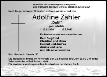 Traueranzeige von Adolfine Zähler von Neue Presse Coburg