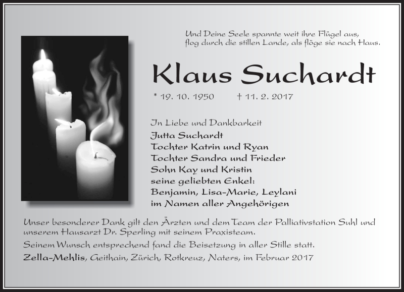  Traueranzeige für Klaus Suchardt vom 18.02.2017 aus Südthüringer Presse