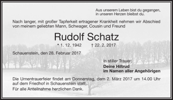 Traueranzeige von Rudolf Schatz von Frankenpost