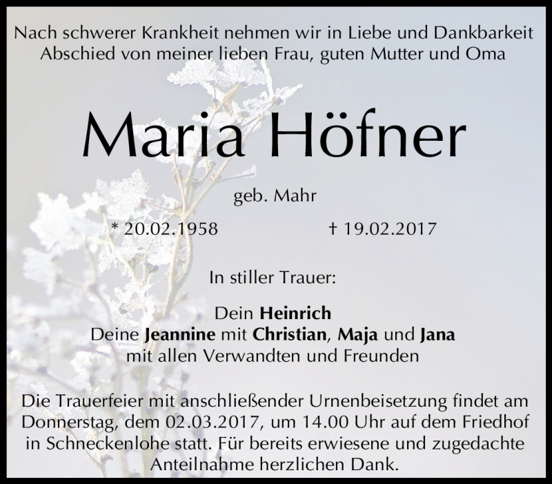  Traueranzeige für Maria Höfner vom 28.02.2017 aus Neue Presse Coburg