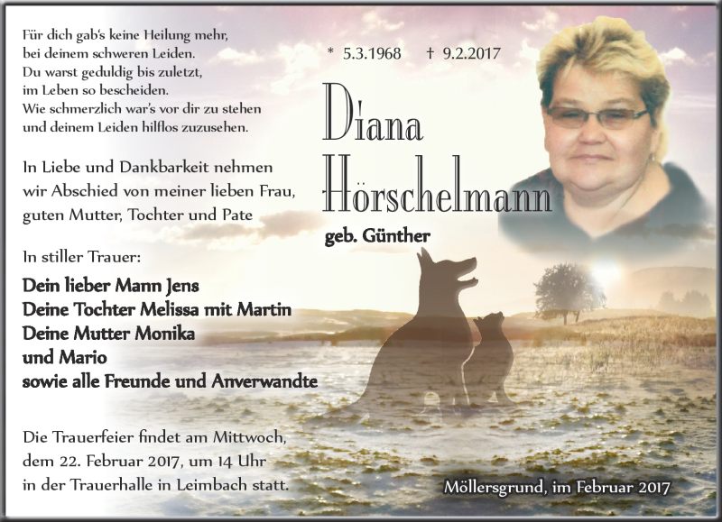  Traueranzeige für Diana Hörschelmann vom 18.02.2017 aus Südthüringer Presse