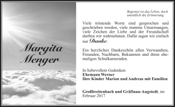 Traueranzeige von Margita Menger von Südthüringer Presse