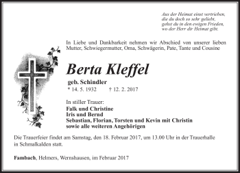 Traueranzeige von Berta Kleffel von Südthüringer Presse