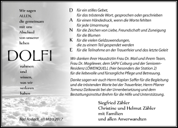 Traueranzeige von Adolfine Zähler von Neue Presse Coburg