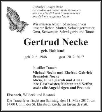 Traueranzeige von Gertrud Necke von Südthüringer Presse