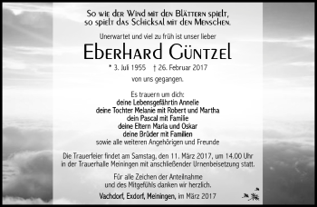 Traueranzeige von Eberhard Güntzel von Südthüringer Presse