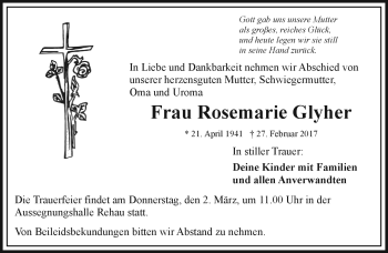 Traueranzeige von Roesemarie Glyher von Frankenpost