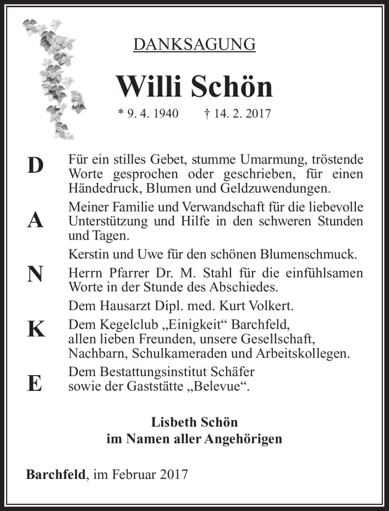  Traueranzeige für Willi Schön vom 04.03.2017 aus Südthüringer Presse