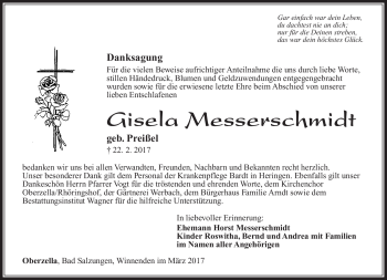 Traueranzeige von Gisela Messerschmidt von Südthüringer Presse