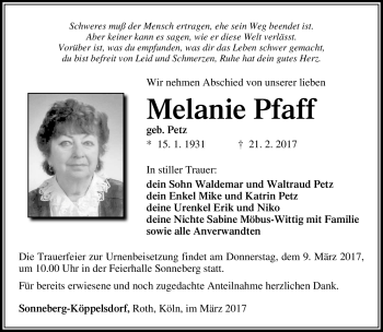 Traueranzeige von Melanie Pfaff von Südthüringer Presse