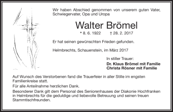 Traueranzeige von Walter Brömel von Frankenpost
