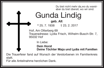 Traueranzeige von Gunda Lindig von Frankenpost