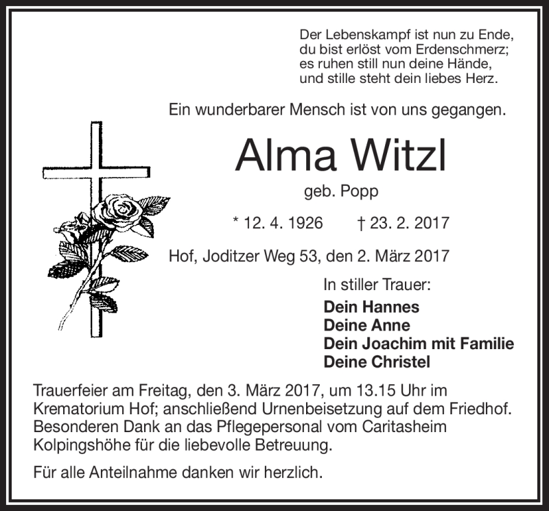 Traueranzeige für Alma Witzl vom 02.03.2017 aus Frankenpost